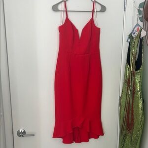 Bardot Red V-Neck Spaghetti-Strap Midi Dress with Ruffle Hem